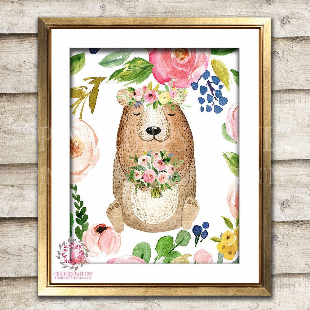 Watercolor Bear Woodland Boho Print Printable Wall Art Bohemian Garden Floral Nursery Baby Girl Room Playroom Decor
