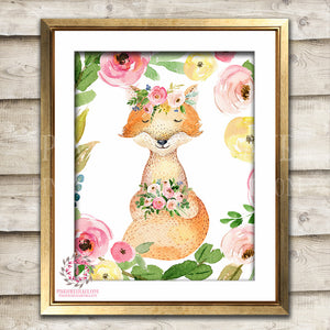 Watercolor Fox Woodland Boho Print Printable Wall Art Bohemian Garden Floral Nursery Baby Girl Room Playroom Decor