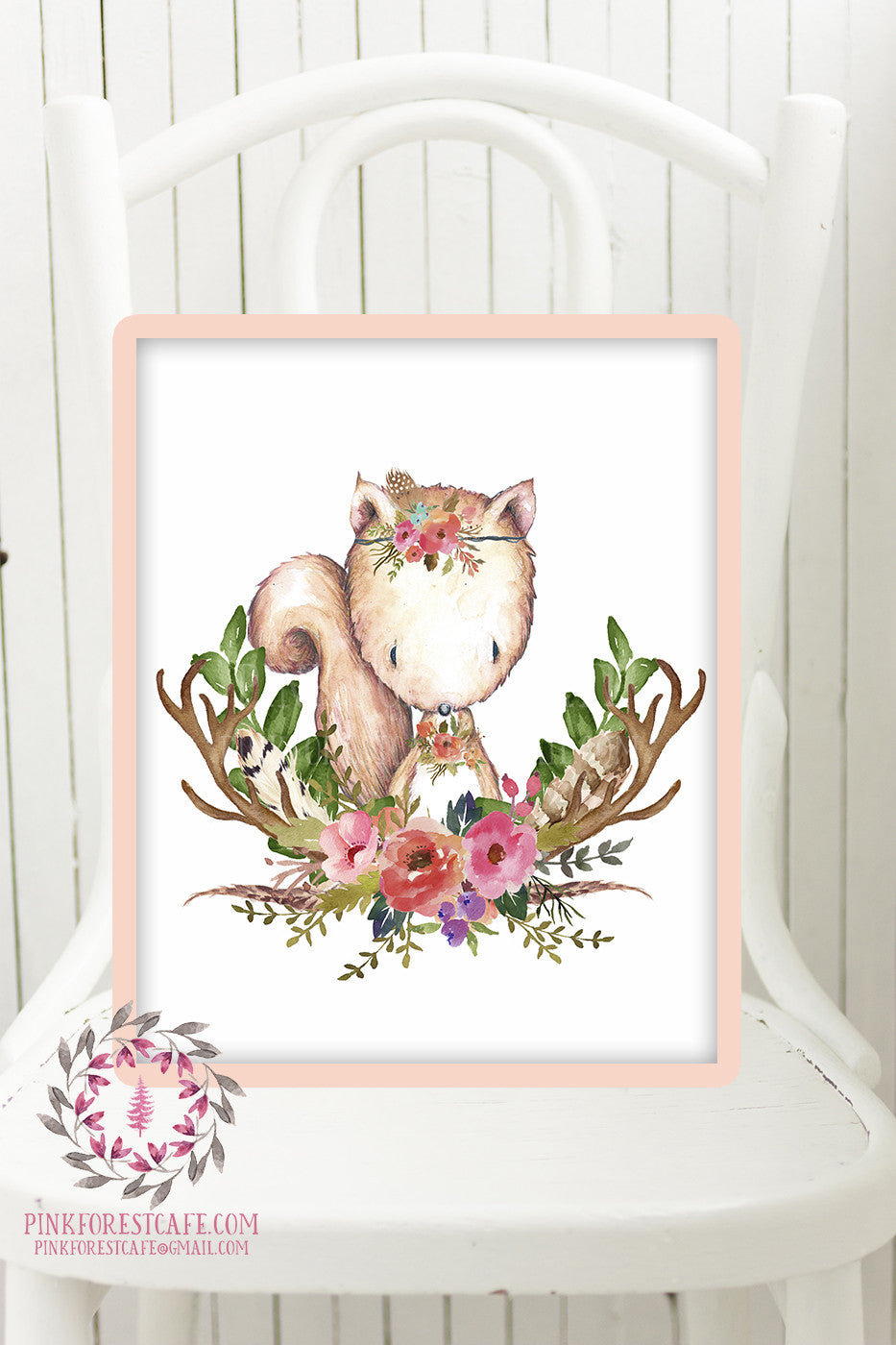 Squirrel Woodland Boho Printable Print Wall Art Baby Nursery Feather Antlers Watercolor Bohemian Floral Girl Room Decor