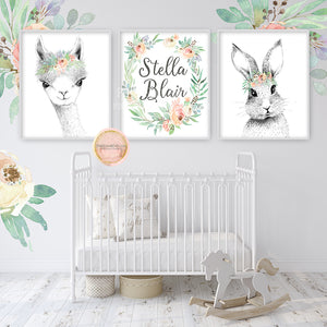 3 Bunny Llama Alpaca Wall Art Print Boho Woodland Blush Bohemian Floral Nursery Baby Girl Room Printable Decor
