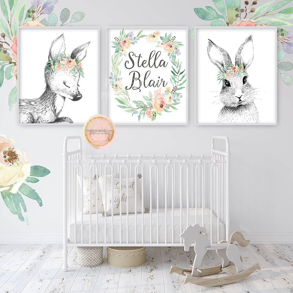 3 Bunny Deer Wall Art Print Boho Woodland Blush Bohemian Floral Nursery Baby Girl Room Printable Decor