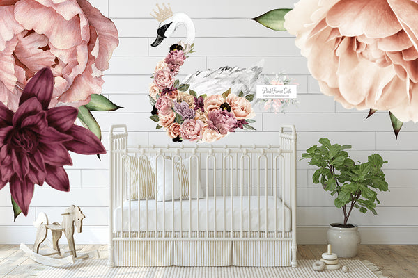 40" Boho Crown Swan + Peonies Floral Wall Decal Sticker Art Baby Nursery Dark Pink Blush Peony Decor
