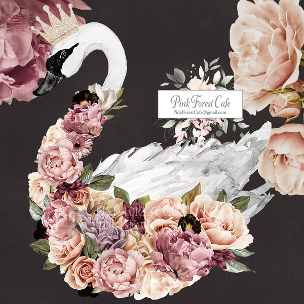 40" Boho Crown Swan + Peonies Floral Wall Decal Sticker Art Baby Nursery Dark Pink Blush Peony Decor