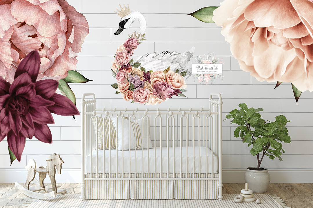 40" Boho Swan Peonies Crown Floral Wall Decal Sticker Art Baby Nursery ...