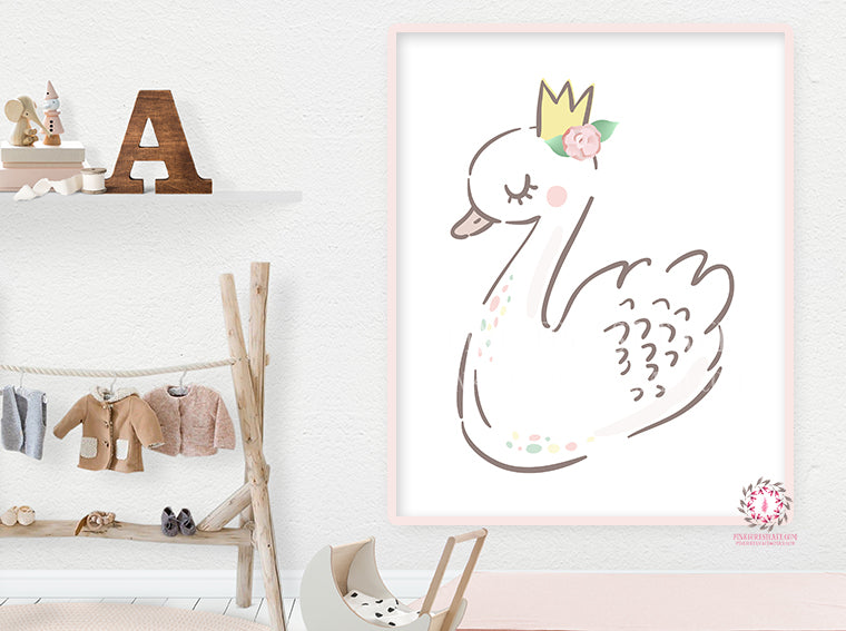 Boho Swan Baby Girl Nursery Wall Art Print Ethereal Crown Whimsical Bo ...
