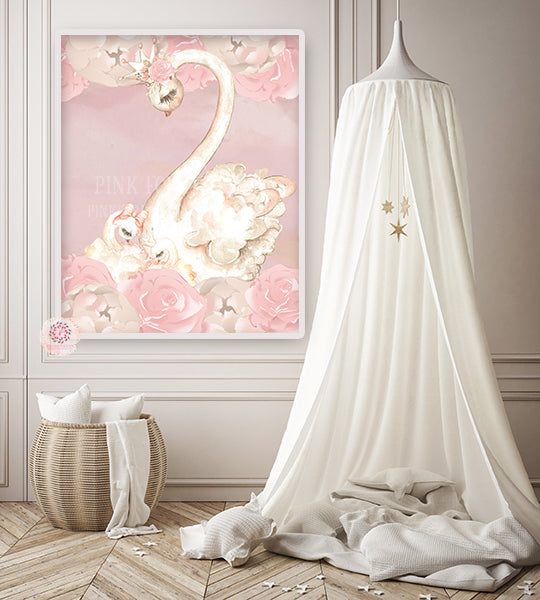 Boho Swan Baby Girl Nursery Wall Art Print Peonies Ethereal Crown Whimsical Bohemian Floral Printable Decor