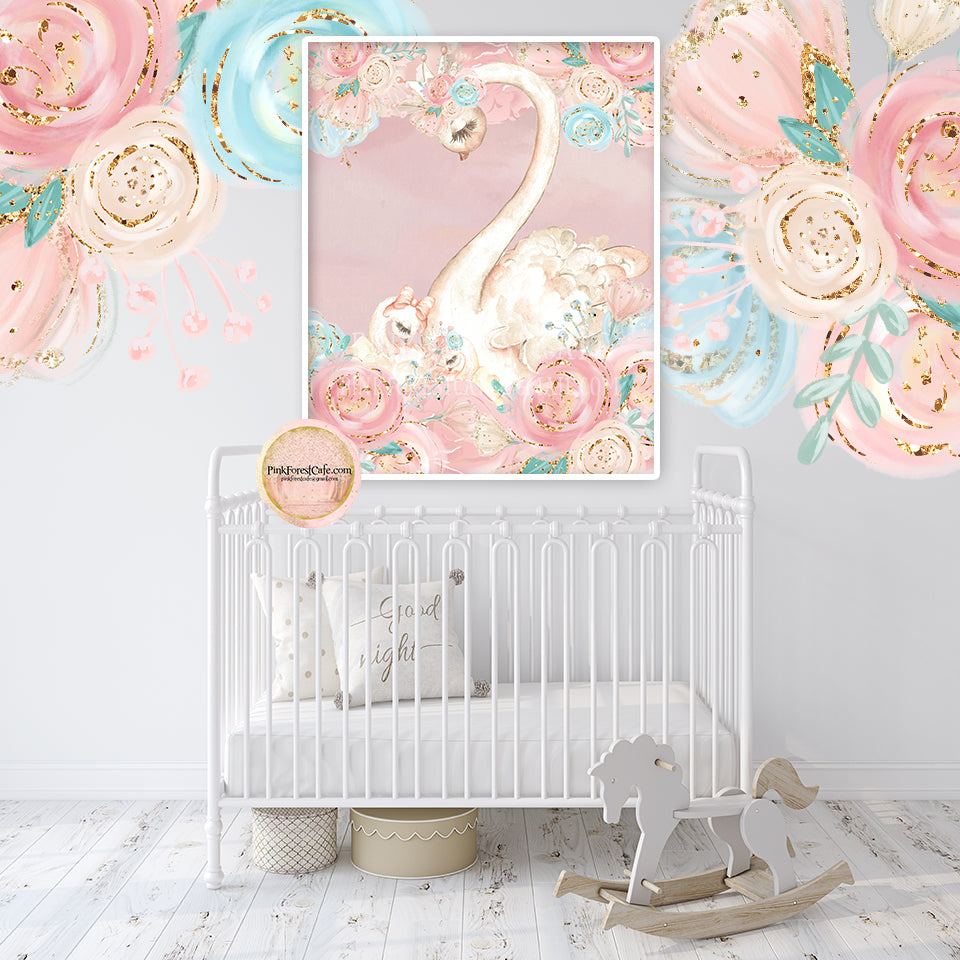Boho Swan Baby Girl Nursery Wall Art Print Ethereal Pink Blue Gold Blush Peonies Floral Printable Peony Decor