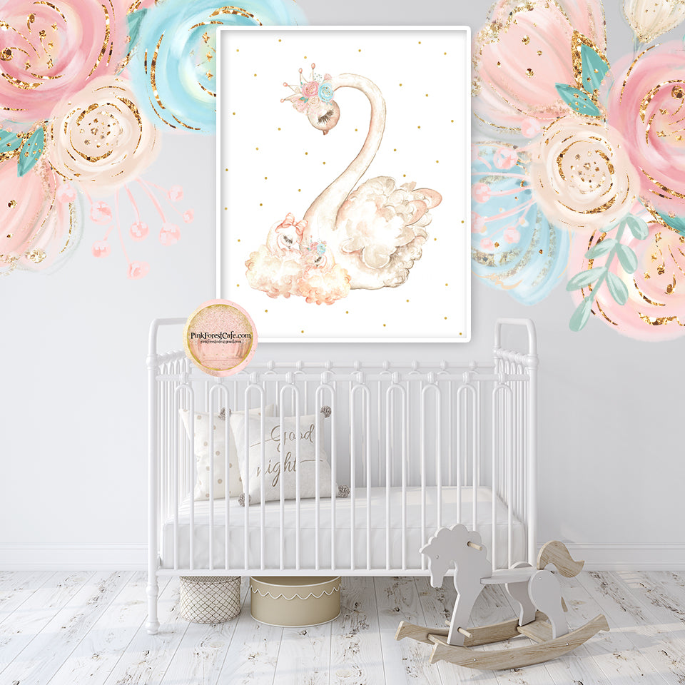 Boho Swan Baby Girl Nursery Wall Art Print Ethereal Pink Blue Gold Blush Peonies Floral Printable Peony Decor