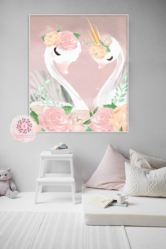 Boho Swan Baby Girl Nursery Wall Art Print Ethereal Pink Blush Peonies ...