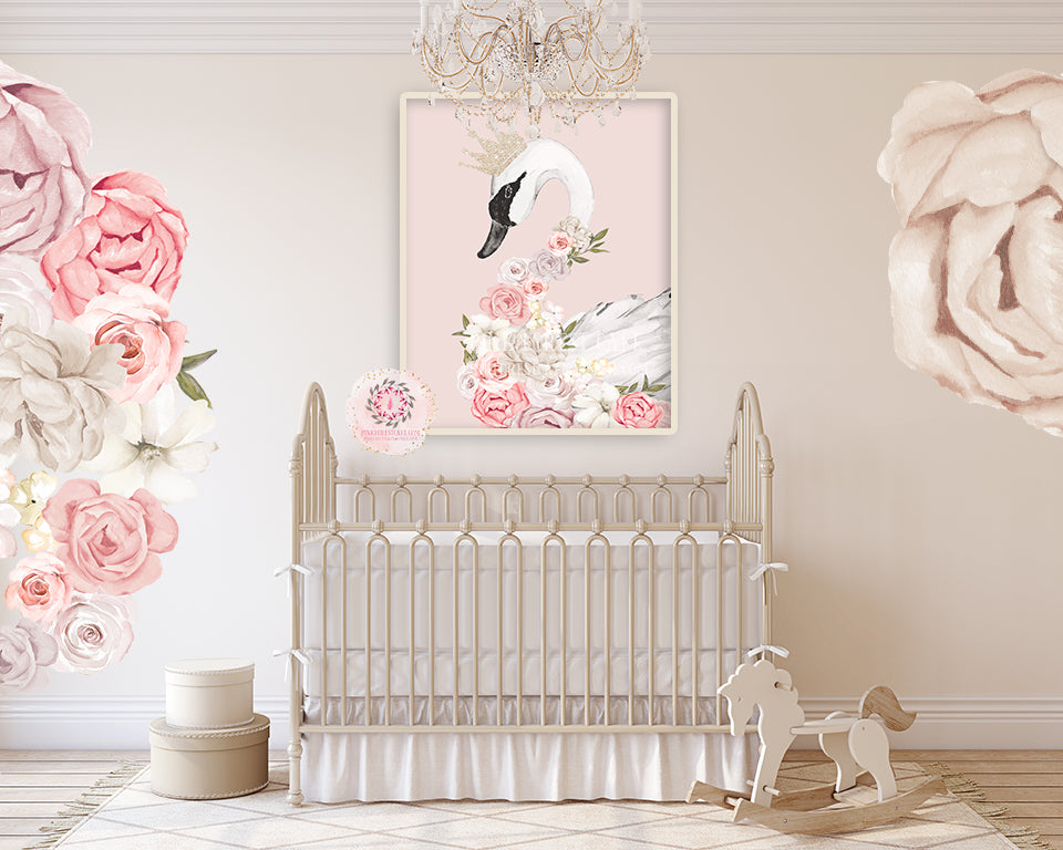 Boho Gold Swan Baby Girl Nursery Wall Art Print Ethereal Pink Blush Pe