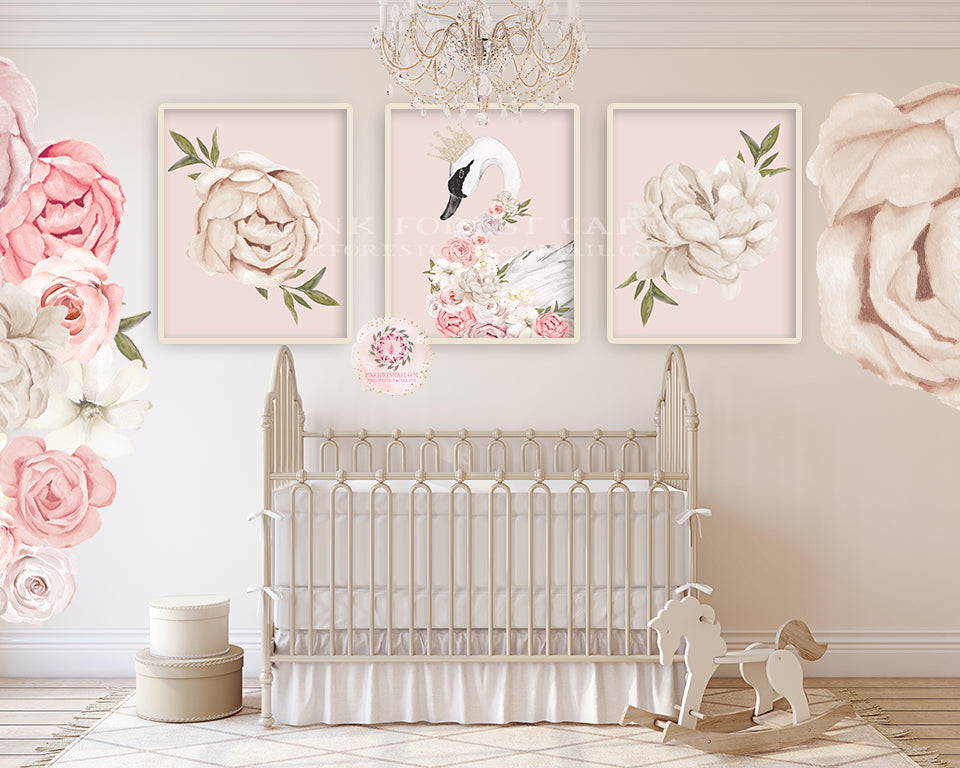 3 Boho Swan Baby Girl Nursery Wall Art Print Ethereal Pink Blush Peoni ...