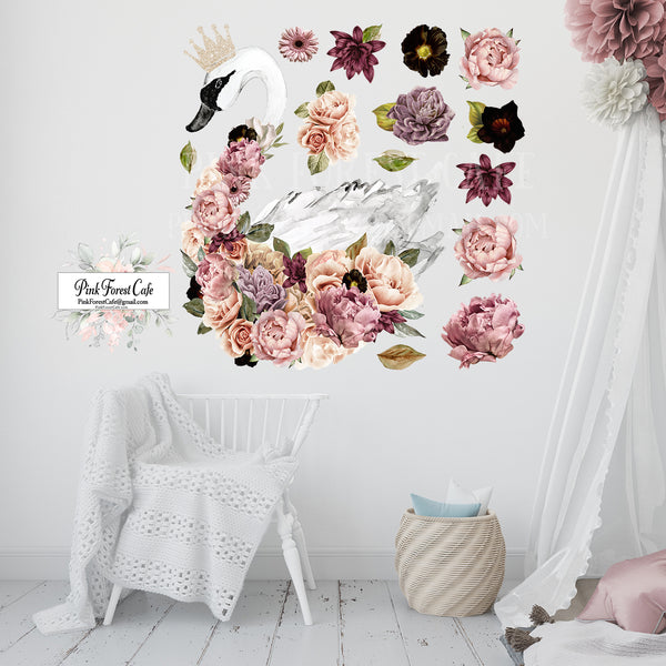 40" Boho Crown Swan + Peonies Floral Wall Decal Sticker Art Baby Nursery Dark Pink Blush Peony Decor