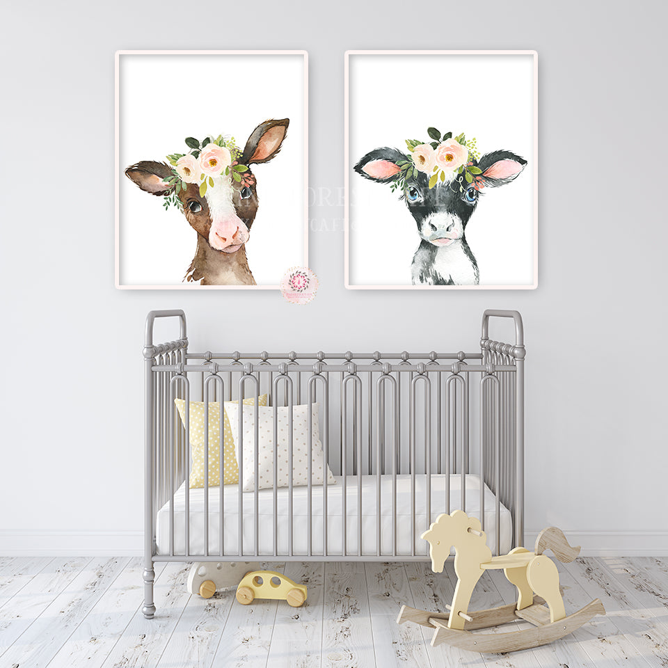 2 Boho Cow Wall Art Print Farm Nursery Baby Room Blush Floral Bohemian Watercolor Printable Decor