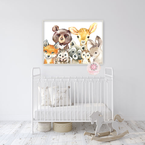 Woodland Fox Bear Deer Bunny Wall Art Print Nursery Baby Room Hedgehog Owl Watercolor Printable Decor
