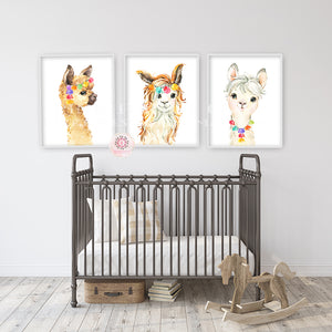 3 Llama Alpaca Wall Art Print Nursery Baby Girl Boy Room Bohemian Watercolor Set Prints Printable Decor