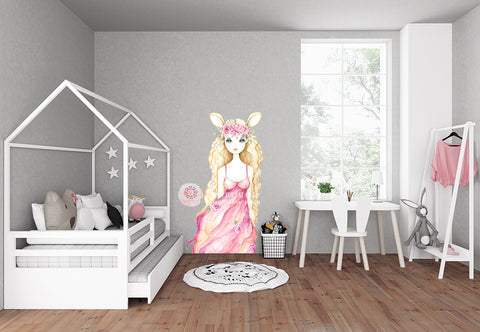 Woodland Fairy Deer Girl Watercolor Wall Decal Sticker Wallpaper Decals Baby Nursery Art Decor