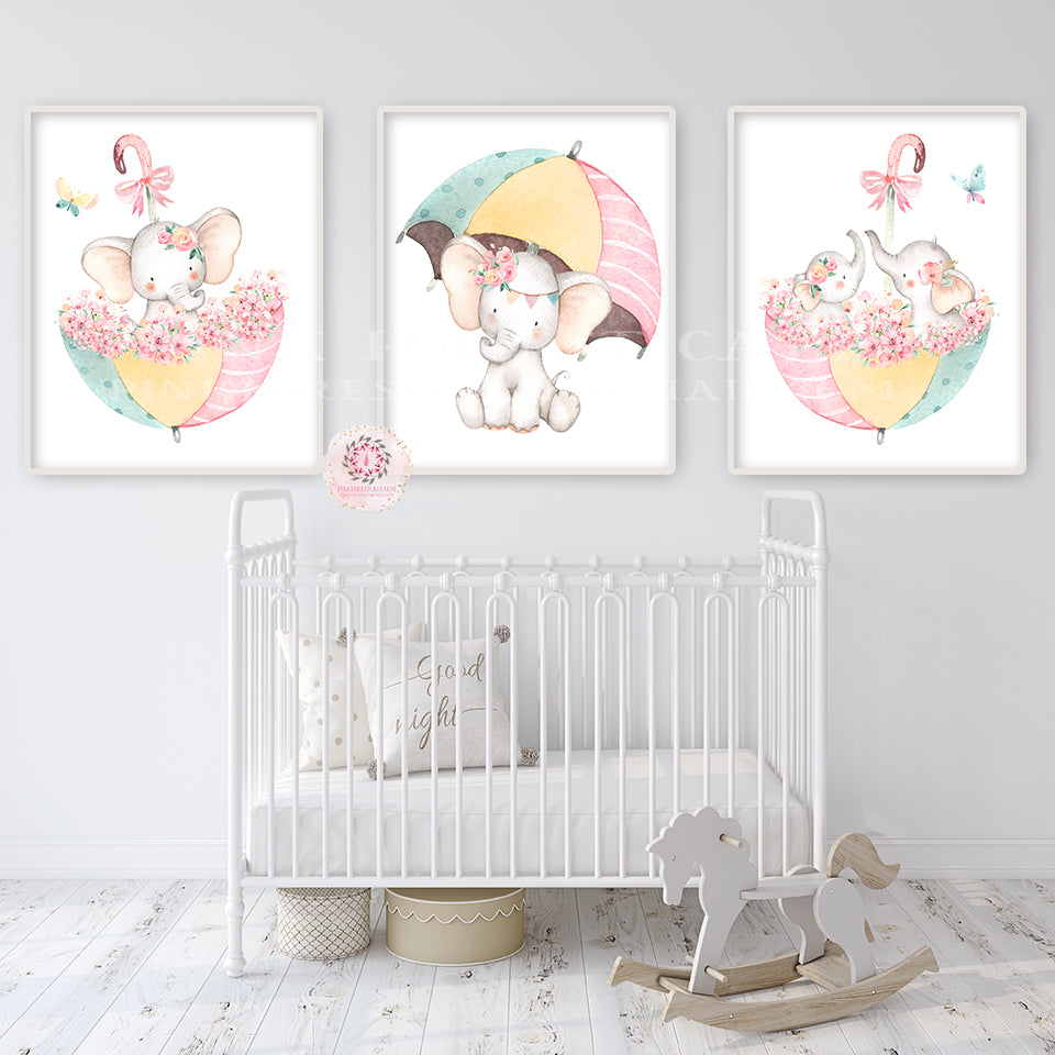 3 Boho Elephant Wall Art Print Nursery Baby Girl Room Floral Bohemian Watercolor Umbrella Butterfly Printable Decor