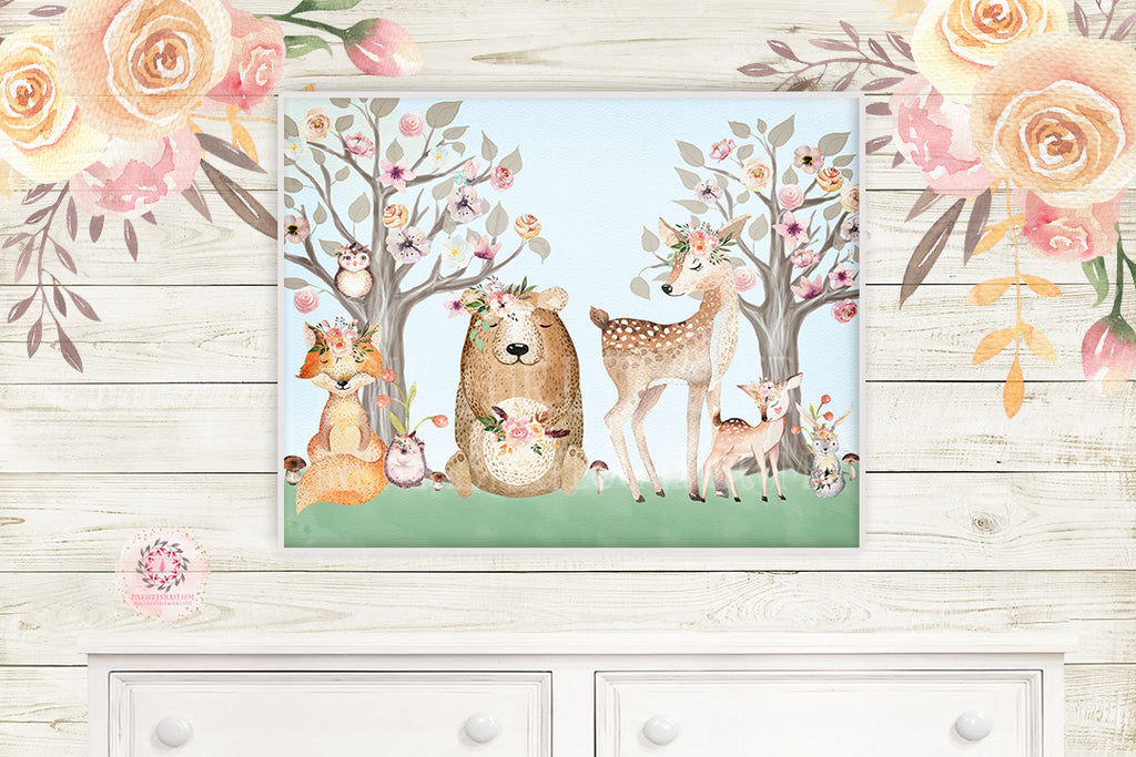 Woodland Animals Wall Art Print Boho Deer Bunny Fox Bear Hedgehog Bohemian Watercolor Baby Girl Nursery Printable Decor