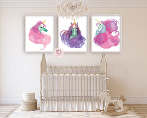 3 Boho Unicorn Wall Art Print Baby Girl Nursery Ethereal Fantasy Watercolor Prints Set Lot Printable Decor