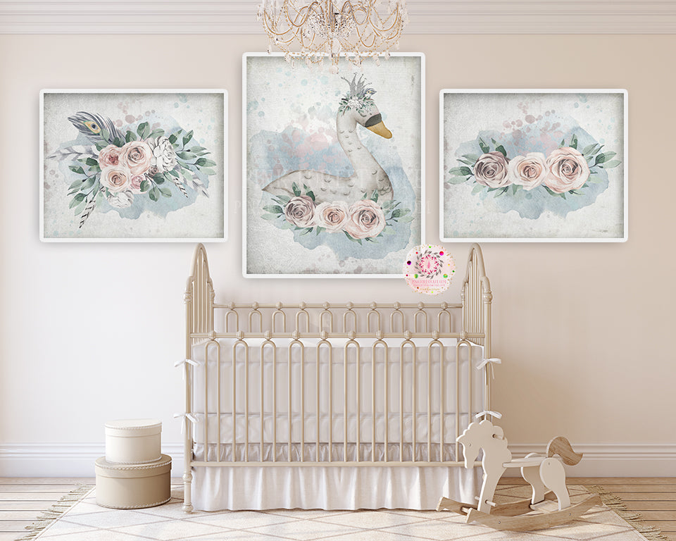 3 Boho Swan Wall Art Print Watercolor Baby Girl Ethereal Feathers Peac ...