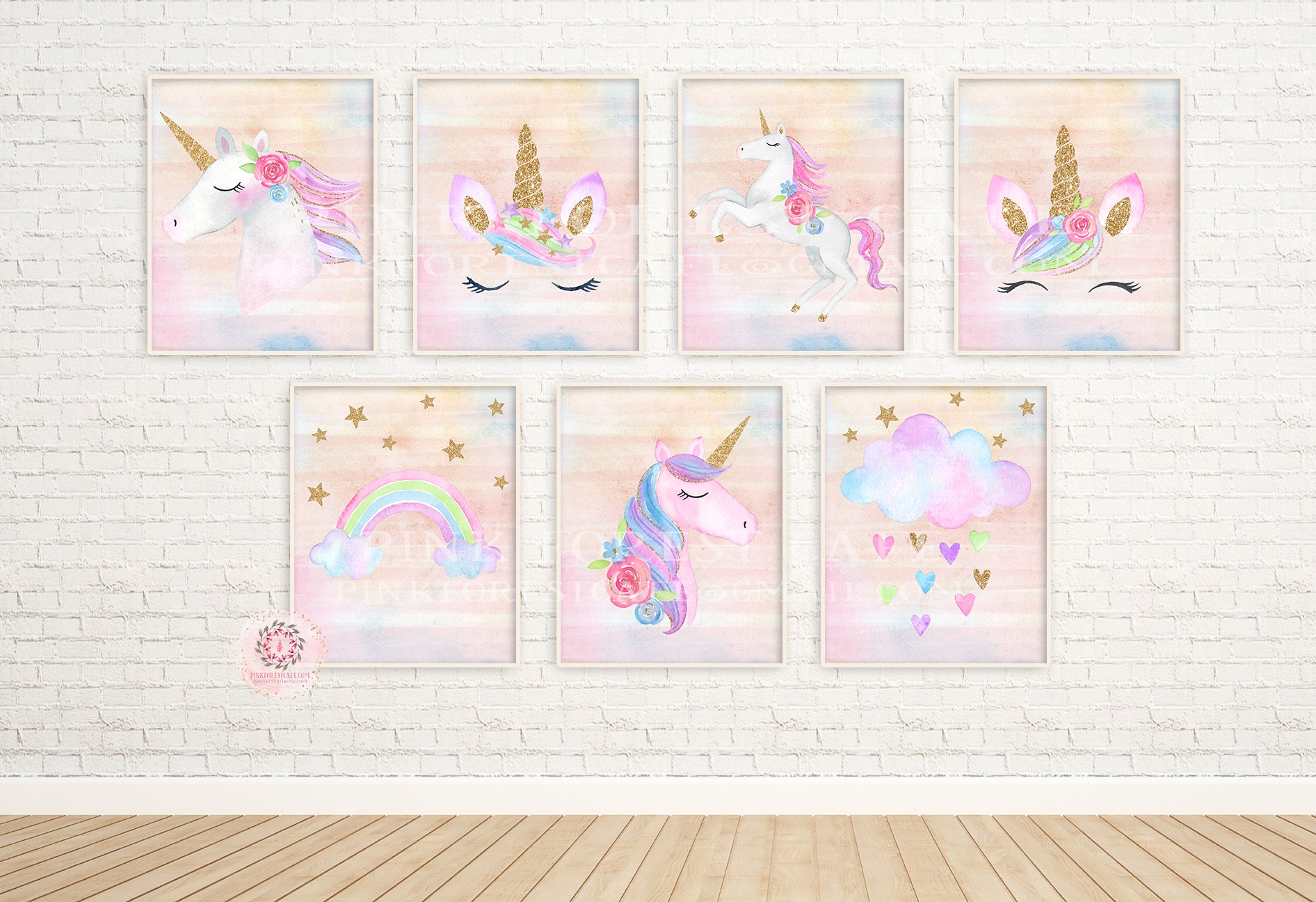 7 Boho Rainbow Unicorn Face Wall Art Print Baby Girl Nursery Ethereal Fantasy Watercolor Prints Set Lot Printable Decor