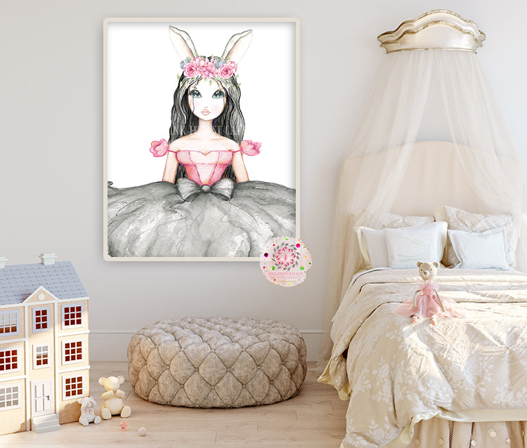 Exclusive Ethereal Boho Girl Nursery Wall Art Print Baby Room "Miss Sophie" Bunny Watercolor Magical Printable Decor