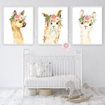 3 Boho Llama Alpaca Wall Art Print Nursery Baby Girl Room Bohemian Floral Watercolor Set Prints Printable Decor