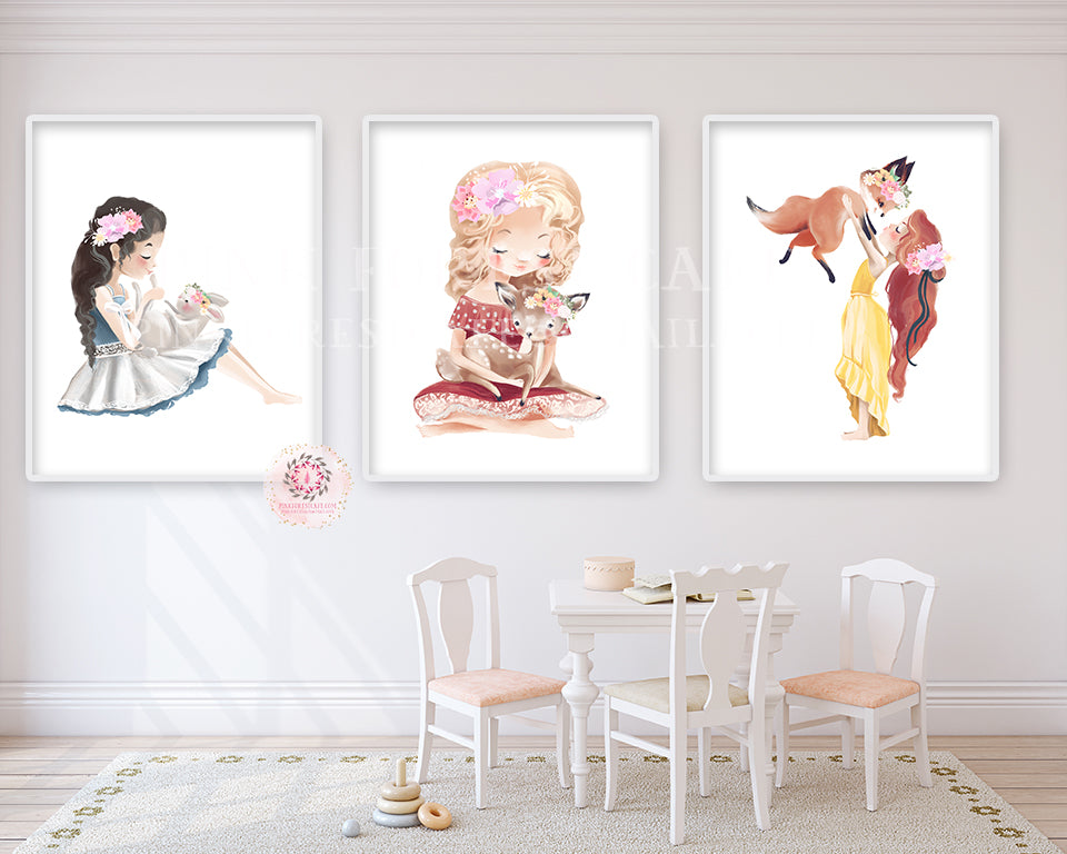 3 Boho Deer Bunny Fox Girl Nursery Wall Art Print Baby Room Watercolor Ethereal Magical Printable Decor