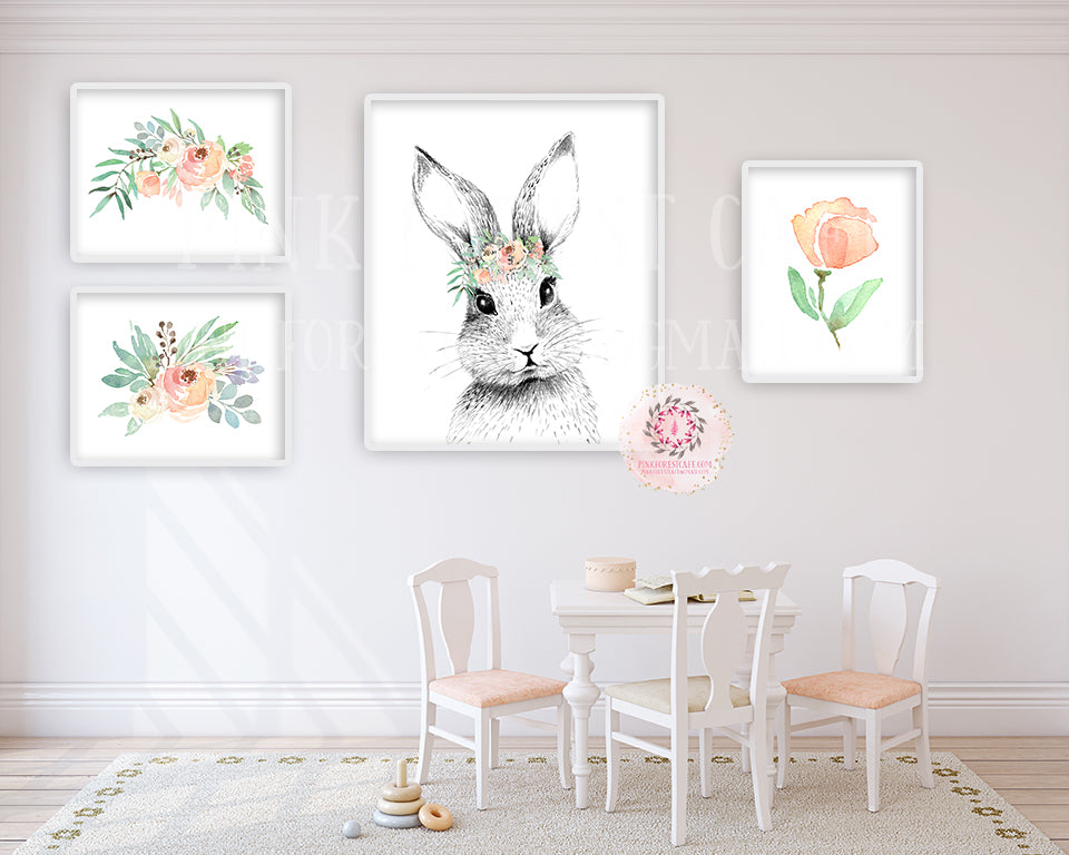 4 Bunny Rabbit Wall Art Print Boho Woodland Blush Bohemian Floral Nursery Baby Girl Room Printable Decor