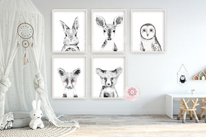 5 Bunny Bear Deer Fox Wall Art Print Boho Woodland Owl Nursery Baby Gender Neutral Black White Room Printable Decor