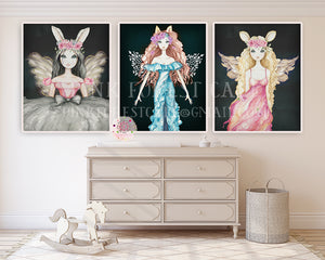 3 Exclusive Ethereal Boho Girl Fairy Nursery Wall Art Print Baby Room "Miss Amelia Sophie Arabella" Fox Bunny Deer Watercolor Angel Ballerina Magical Printable Decor