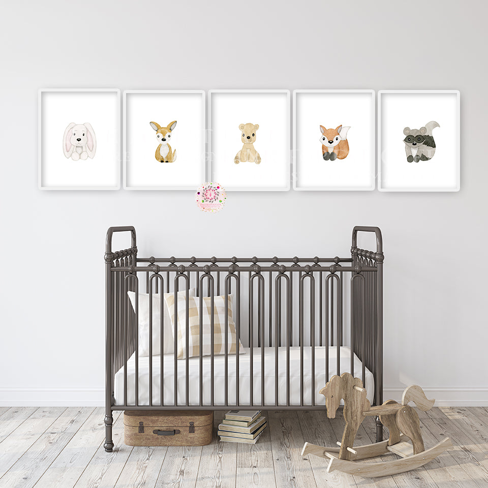 5 Boho Woodland Wall Art Print Deer Bunny Fox Bear Watercolor Animals Baby Nursery Exclusive Printable Decor