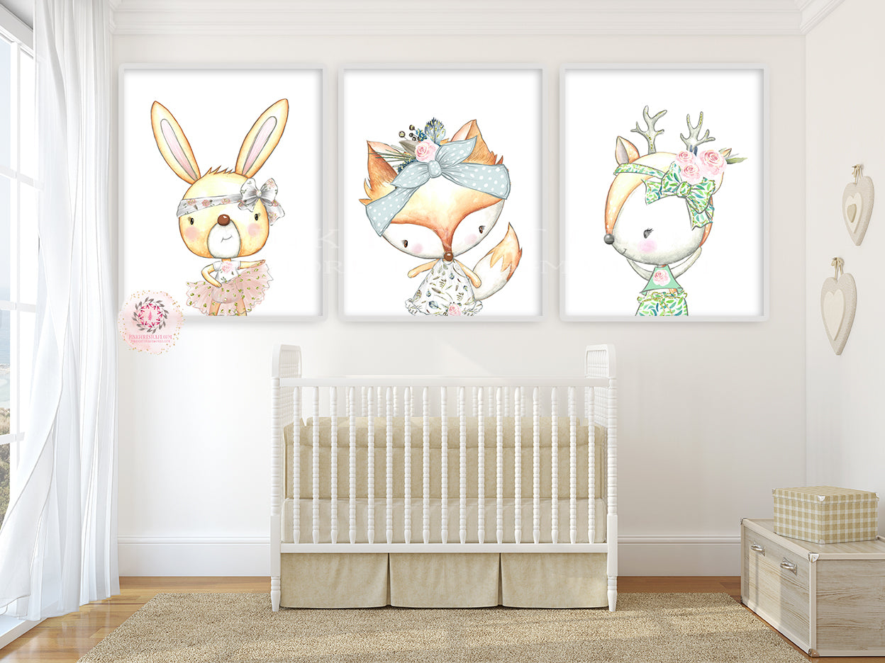 3 Deer Fox Bunny Rabbit Floral Boho Wall Art Print Woodland Bohemian Nursery Baby Girl Bedroom Set Lot Prints Printable Watercolor Decor
