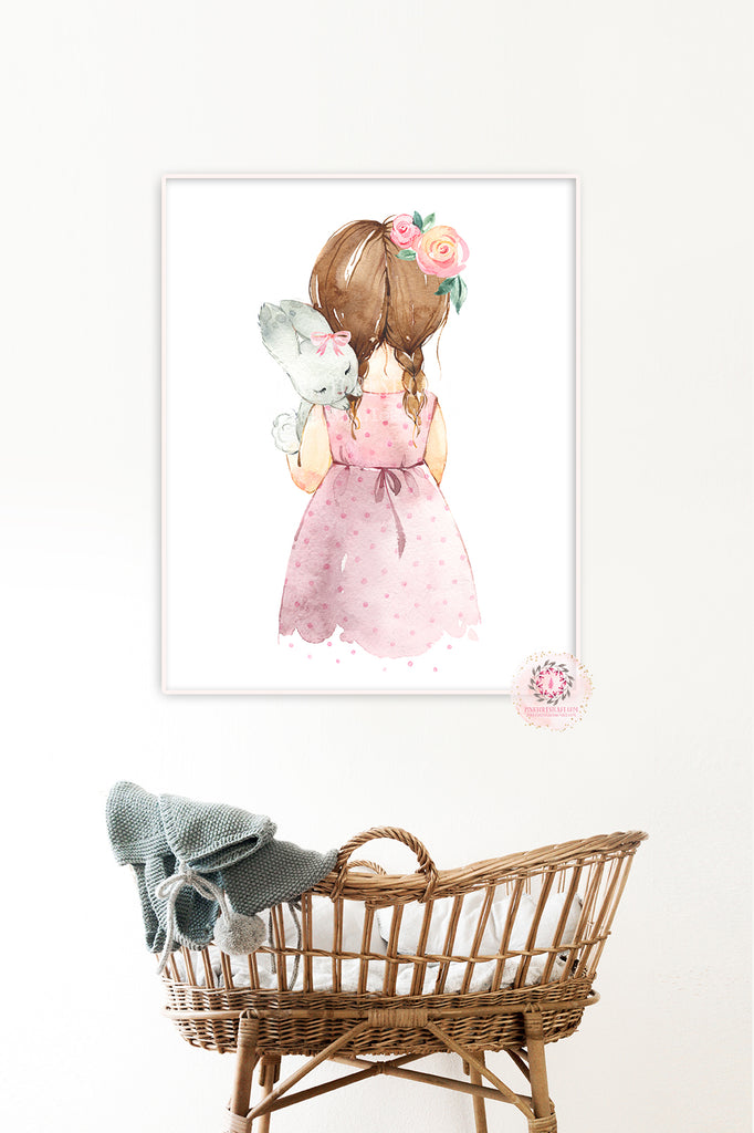 Little Girl Bunny Rabbit Wall Art Print Woodland Nursery Baby Room Blu ...