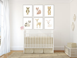 6 Woodland Animals Wall Art Print Deer Bunny Fox Bear Watercolor Baby Nursery Exclusive Printable Decor