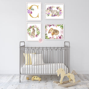 4 Bunny Rabbit Wall Art Print Purple Floral Nursery Baby Girl Initial Monogram Gold Watercolor Printable Decor