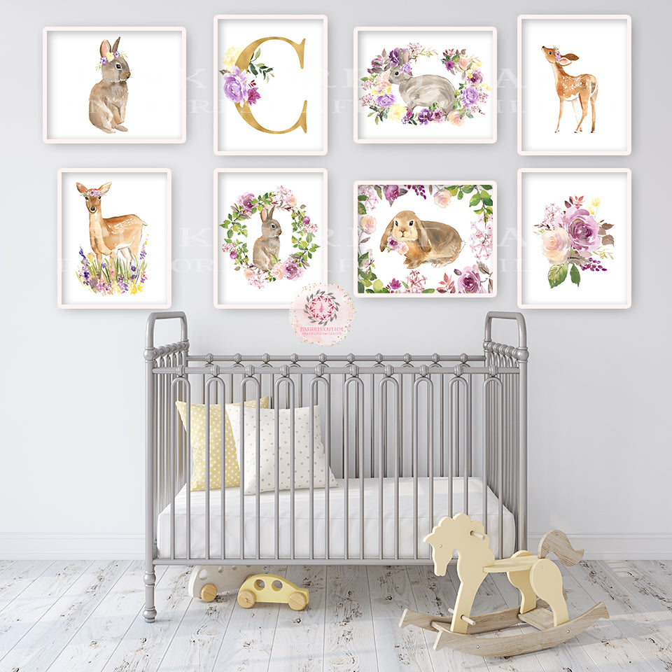 8 Deer Bunny Rabbit Wall Art Print Purple Floral Nursery Baby Girl Initial Monogram Gold Watercolor Printable Decor