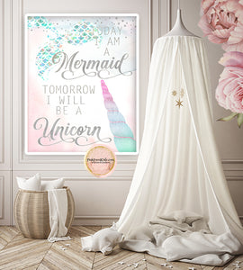 Today I Am A Mermaid Tomorrow I Will Be A Unicorn Wall Art Print Silver Ethereal Baby Girl Nursery Whimsical Floral Pink Baby Room Decor