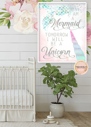 Today I Am A Mermaid Tomorrow I Will Be A Unicorn Wall Art Print Silver Ethereal Baby Girl Nursery Whimsical Floral Pink Baby Room Decor