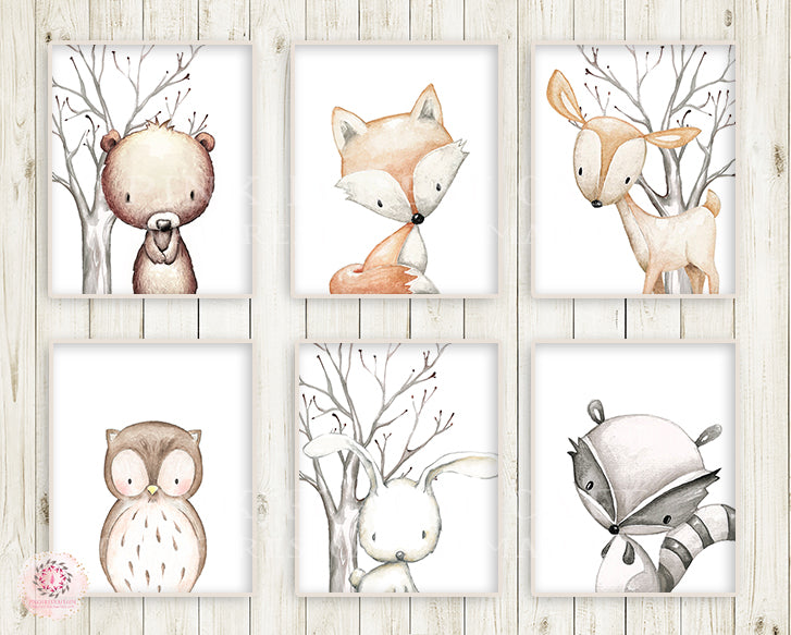 6 Deer Fox Bunny Rabbit Bear Owl Raccoon Wall Art Print Woodland Nurse ...