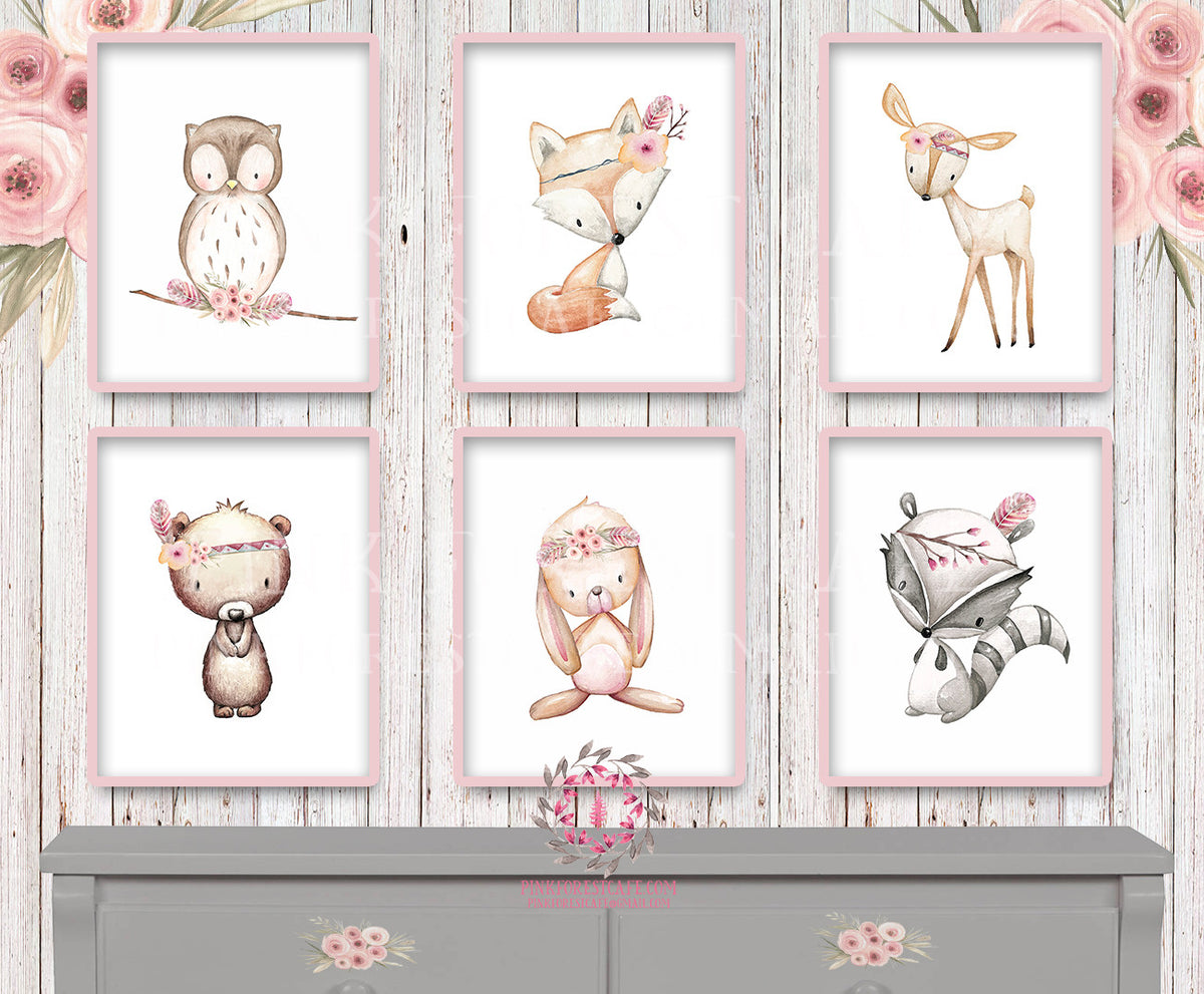 SALE 6 Deer Fox Bunny Rabbit Bear Owl Raccoon Tribal Wall Art Print Wo ...