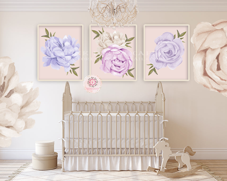 3 Boho Purple Peonies Set Baby Girl Nursery Wall Art Print Ethereal Whimsical Floral Printable Peony Decor