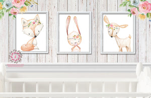 3 Deer Fox Bunny Rabbit Woodland Boho Bohemian Floral Nursery Baby Girl Room Set Lot Prints Printable Print Wall Art Home Decor