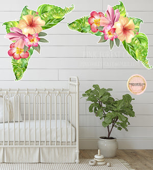 2 - 20" Tropical Hibiscus Gardenia Floral Wall Decal Flower Sticker Flowers Leaves Boho Decor