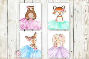 Deer Bear Bunny Rabbit Fox Ballerina TuTu Wall Art Print Set Woodland Boho Bohemian Floral Nursery Baby Girl Room Prints Printable Decor