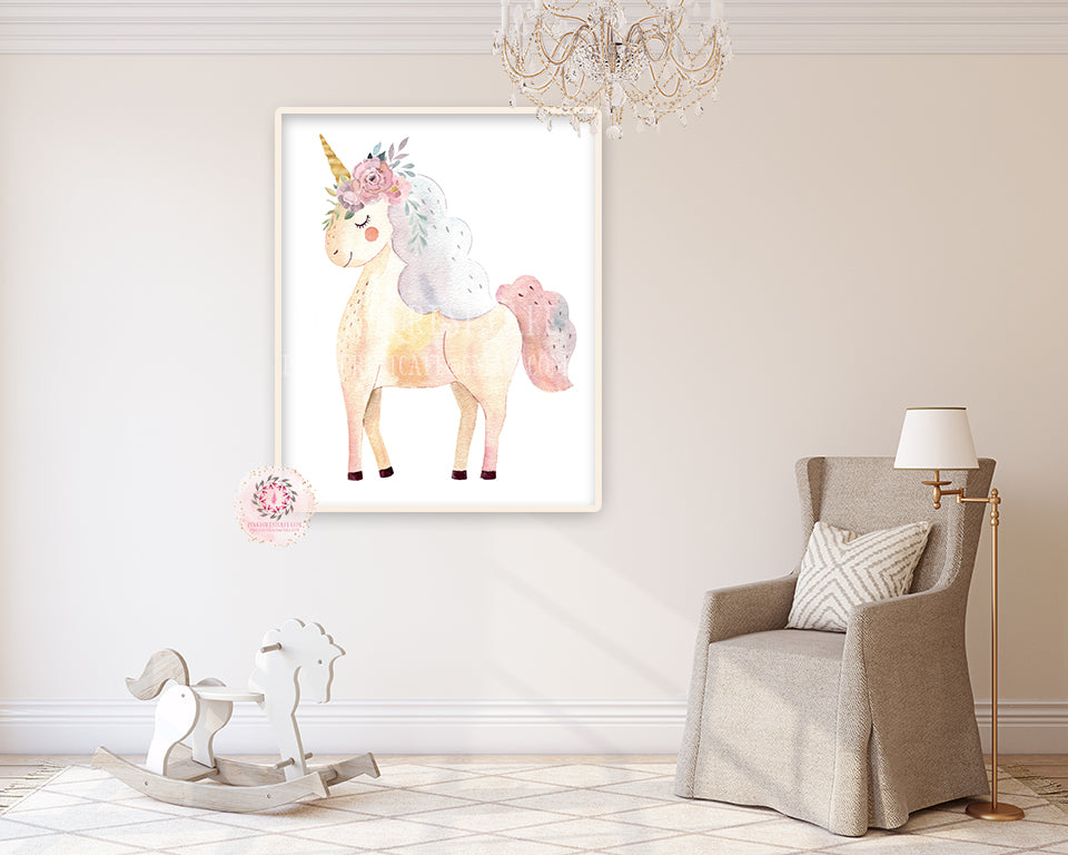 Boho Blush Unicorn Wall Art Print Baby Girl Nursery Ethereal Fantasy Watercolor Printable Decor