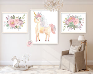 3 Boho Blush Unicorn Wall Art Print Baby Girl Nursery Ethereal Fantasy Watercolor Prints Set Lot Printable Decor
