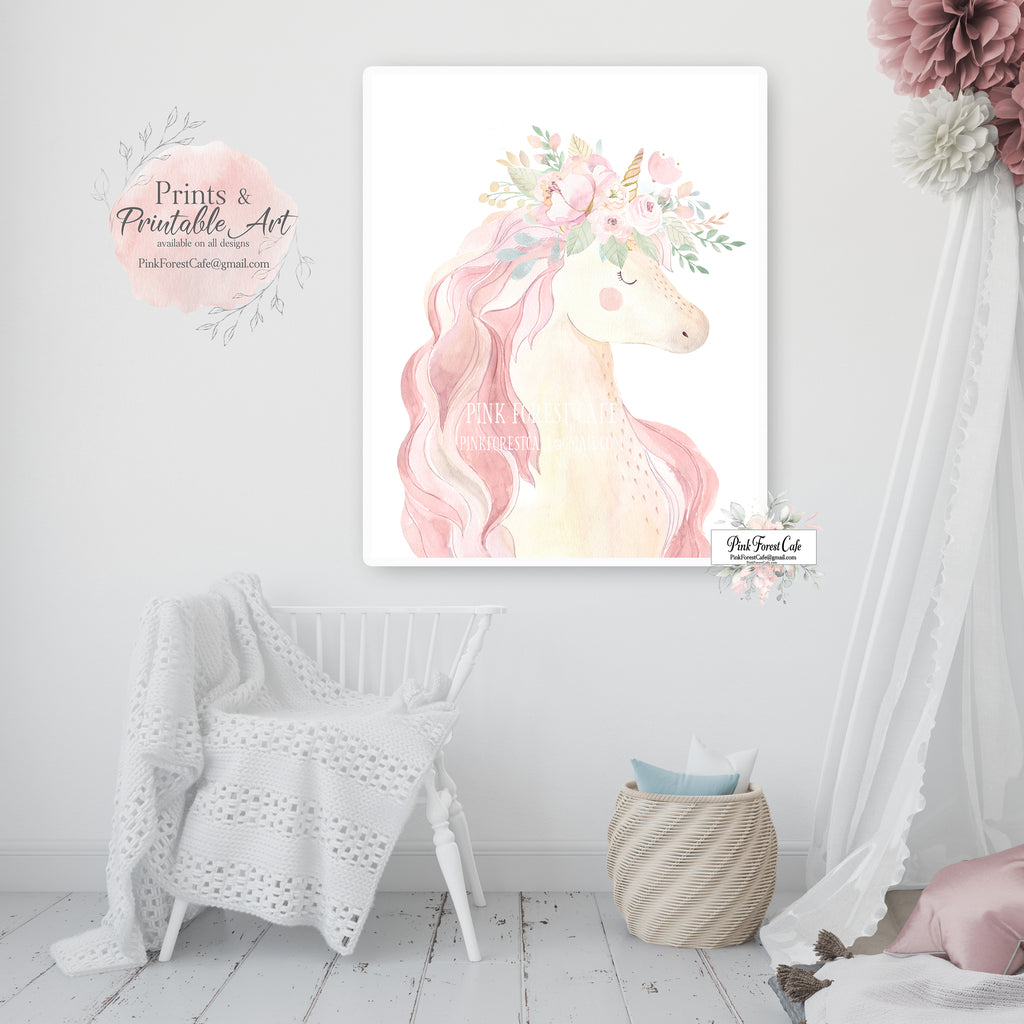Boho Blush Gold Unicorn Wall Art Print Baby Girl Nursery Ethereal Fantasy Watercolor Printable Decor