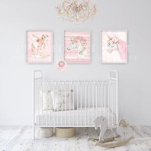 3 Boho Unicorn Pegasus Wall Art Print Baby Girl Nursery Ethereal Fantasy Blush Pink Watercolor Room Printable Decor