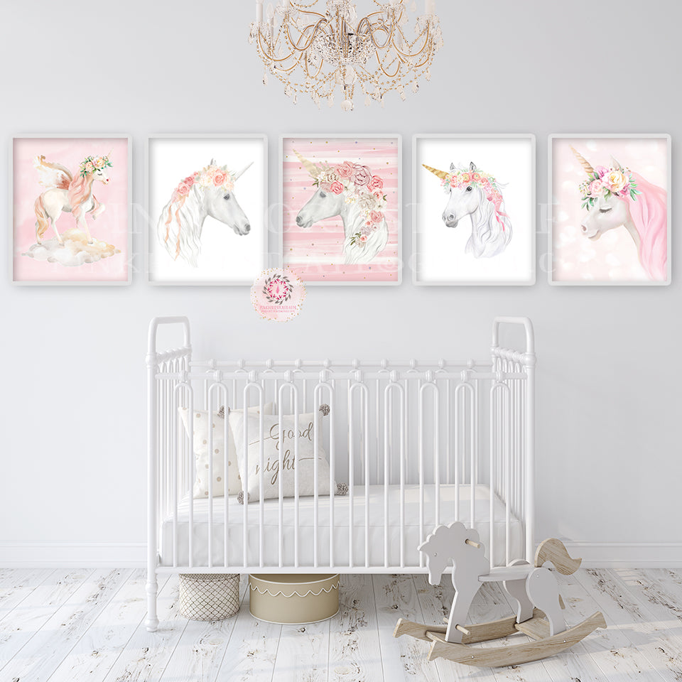 5 Boho Unicorn Pegasus Wall Art Print Baby Girl Nursery Ethereal Fantasy Blush Pink Watercolor Room Printable Decor